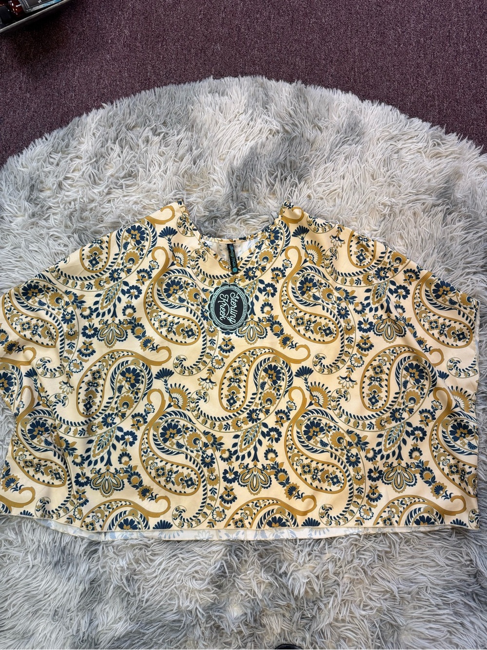 Yellow Paisley Crop Top with Navy Accents